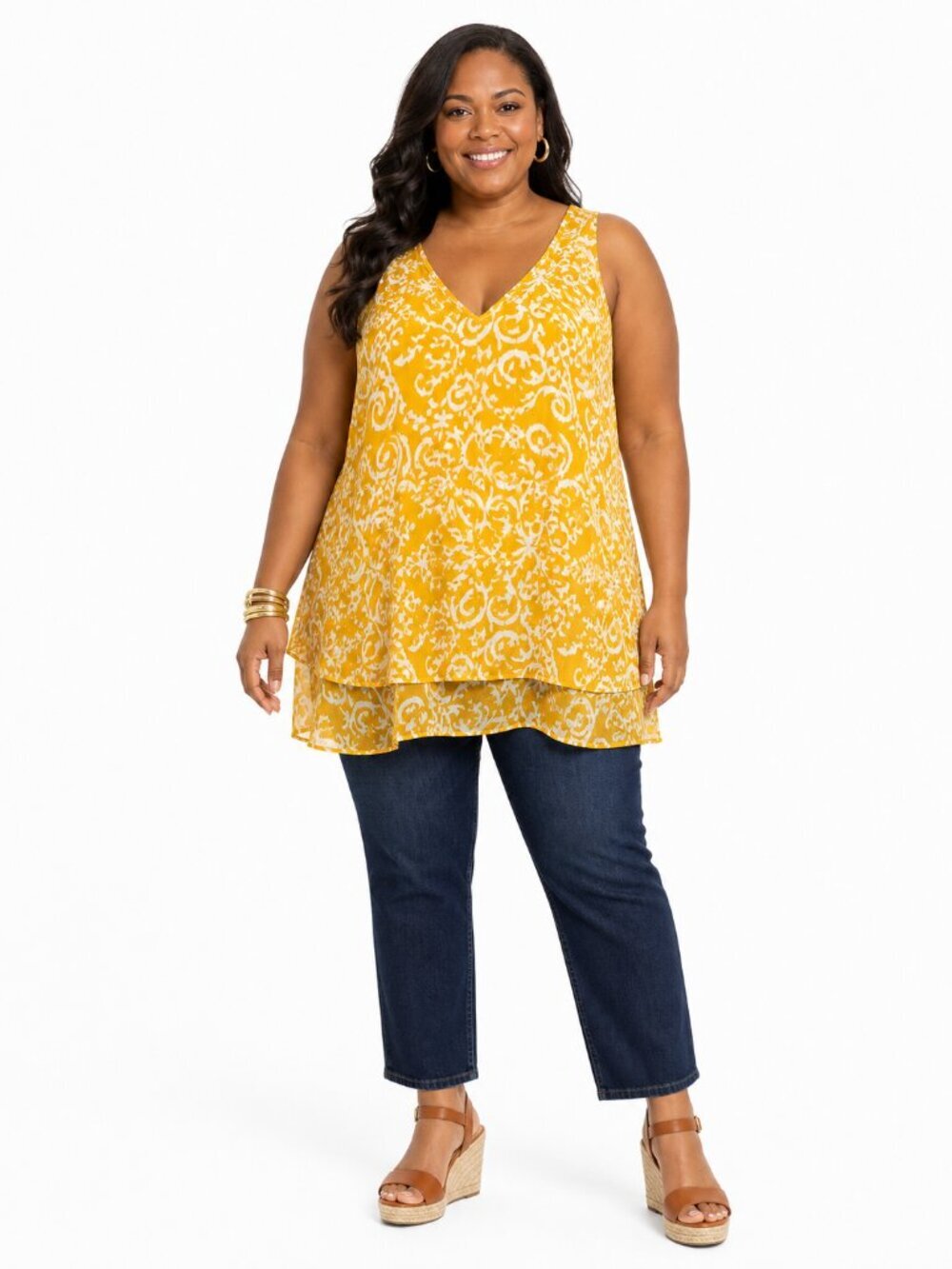Lane Bryant Double Layered V-Neck Swing Tank Yellow Floral Size 22 Casual Summer